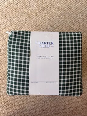 Charter Club Dark Green and White Plaid Flannel King Sheet Set